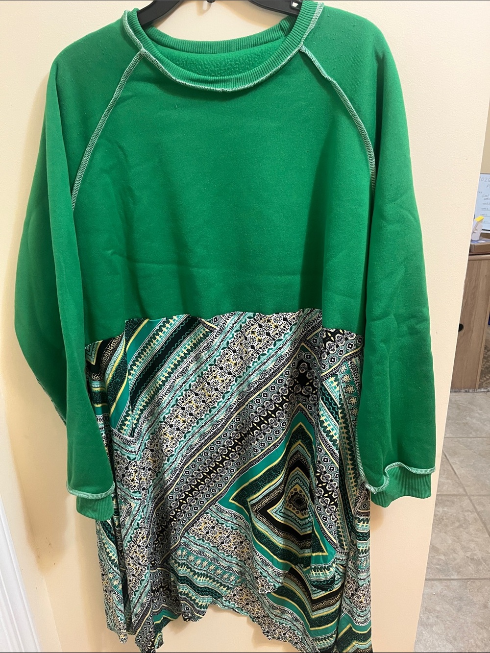 Green Pullover Dress with Patterned Skirt